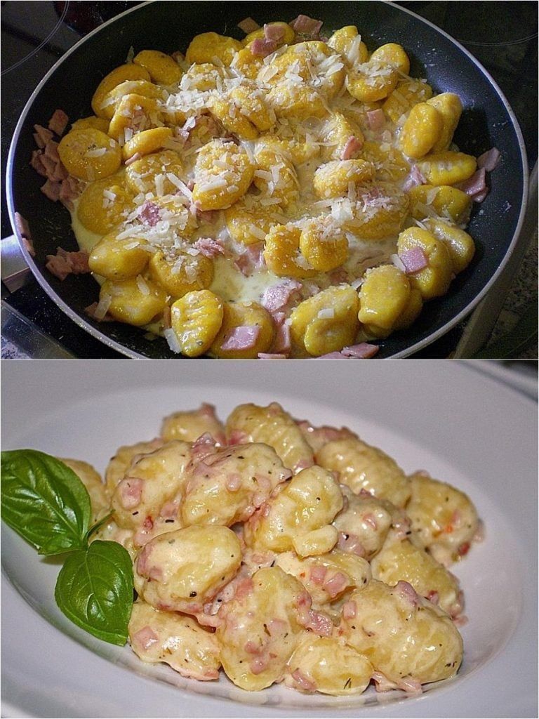 Gnocchi mit Käse Knoblauch Schinken Soße - rezepte - lecker rezepte